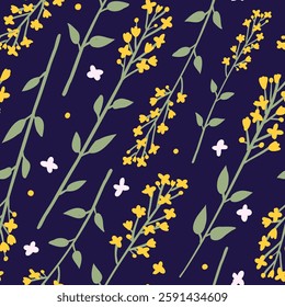 A seamless botanical pattern featuring yellow wildflowers with green stems and leaves, white flowers on a dark blue background, perfect for textiles, wallpapers, and packaging.