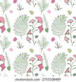Seamless botanical pattern with fern leaves, herbs and pink flowers in minimal line art style on light background