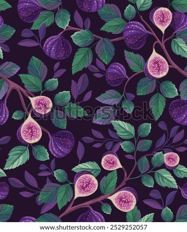 Seamless Botanical Pattern. Fig branches, ripe fig fruit. Plant pattern for wallpaper, textiles and any surface. 
