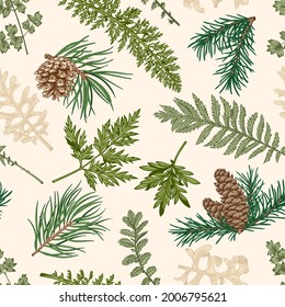 Seamless botanical pattern with fir and pine branches, cones, fern and leaves. Winter Christmas decor. Floral ornament for wrapping paper, textiles, wallpaper. Vector vintage illustration. Colorful.