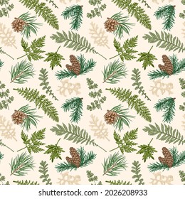 Seamless botanical pattern with fir and pine branches, cones, fern and leaves. Winter Christmas print. Floral ornament for wrapping paper, textiles, wallpaper. Vector vintage illustration. Colorful.