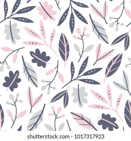 Seamless botanical pattern. Flat branch ornament with minimalistic elements in trendy color. Simple vector repeating texture. Modern swatch. Nature background for textile, print and any your design.