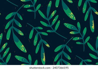Seamless botanical pattern, floral ornament with textured foliage. Retro motif surface design of large hand drawn sprigs of leaves on dark background. Repeating pattern for wallpaper, textiles. Vector