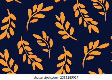 Seamless botanical pattern, floral print in two colors: hand drawn sketch leaves on a dark background. Vintage natural design with foliage silhouettes. Textile pattern in old fashion motif. Vector 