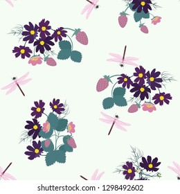 Seamless botanical pattern with flowers, berries of strawberry and dragonfly on light background. Vector illustration. Template for kitchen design, packaging for food, paper, textiles.