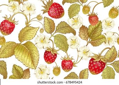 Seamless Botanical Pattern With Flowers And Berries Of Strawberry On White Background. Vintage. Victorian Style. Vector Illustration. Template For Kitchen Design, Packaging For Food, Paper, Textiles.