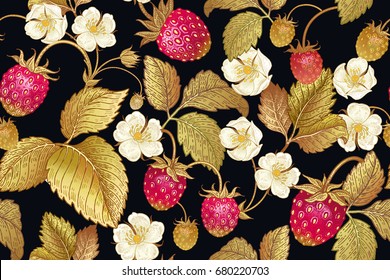 Seamless Botanical Pattern With Flowers And Berries Of Strawberry On Black Background. Vintage. Victorian Style. Vector Illustration. Template For Kitchen Design, Packaging For Food, Paper, Textiles.