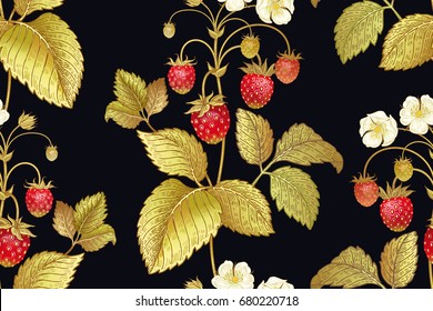 Nahtloses botanisches Muster mit Blumen und Beeren aus Erdbeeren auf schwarzem Hintergrund. Jahrgang. Der viktorianische Stil.  Vektorgrafik. Vorlage für Küchendesign, Verpackung für Lebensmittel, Papier, Textilien.