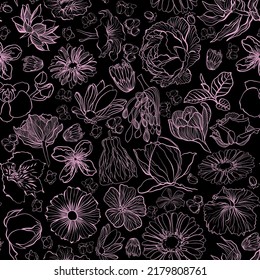 Seamless botanical pattern with flowers in doodle technique vector illustration 