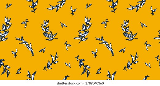 Seamless botanical pattern. Flowers, leaves, branches, greens. Vintage design for logo, wedding invitations, postcards, stickers, textile. Mustard isolated background.