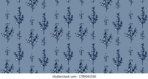 Patrón botánico sin foco. Flores, hojas, ramas, verdes. Diseño vintage para logo, invitaciones a bodas, postales, pegatinas, textiles. Fondo azul aislado.