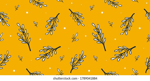 Seamless botanical pattern. Flowers, leaves, branches, greens. Vintage design for logo, wedding invitations, postcards, stickers, textile. Mustard isolated background.