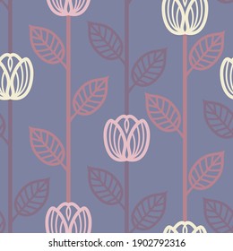 Patrón botánico sin foco con flores y hojas sobre fondo oscuro. Ilustración vectorial floral.