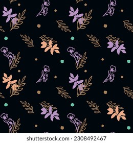 Seamless botanical pattern with flowers and leaves. Bright floral silhouettes on a dark background. Seamless background for wallpaper, fabric, paper, etc.