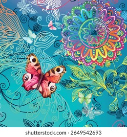 Padrão botânico contínuo com flores, folhas e borboletas. Ele se repete infinitamente, você pode ladrilhá-lo quando quiser.
