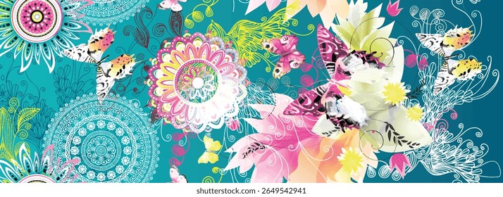 Padrão botânico contínuo com flores, folhas e borboletas. Ele se repete infinitamente