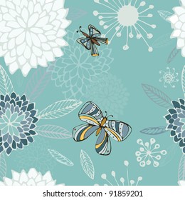 Seamless botanical pattern with flowers, leaves and butterflies. It repeats endlessly, you can tile it at your leisure.