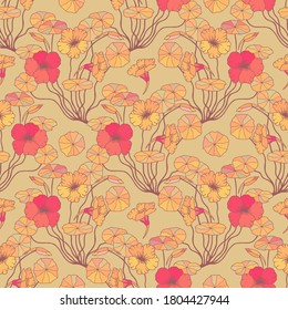 Seamless botanical pattern from flowers of nasturtium. Vector stock illustration eps10