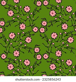 Seamless botanical pattern. Flowers on green background