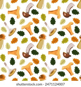 Seamless botanical pattern with forest mushrooms and oak leaves. Vector illustration 