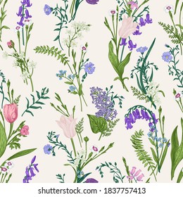 Seamless botanical pattern with garden and wild flowers. Vector illustration. Floral background.