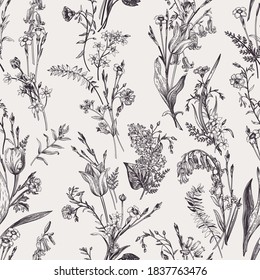 Seamless botanical pattern with garden and wild flowers. Vector illustration. Floral background. Black and white. 