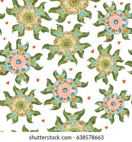 Seamless botanical pattern with geometric colorful flowers and hearts on white background. Vector illustration.