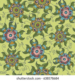 Seamless botanical pattern with geometric colorful flower on bright green background. Vector illustration.