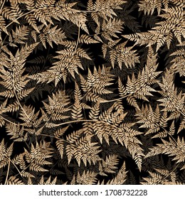 Patrón botánico sin manchas con hojas de helecho de oro. Fondo negro floral sobre el vector