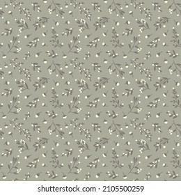 Seamless botanical pattern in gray, pale olive and cream. 