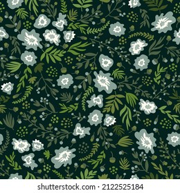 Seamless botanical pattern in green and blue. All over abstract floral print.