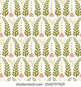 Seamless botanical pattern with green leaves, yellow dots, and pink floral elements on white background. Nature-inspired textile and wallpaper design