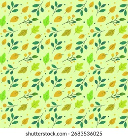 Seamless botanical pattern with green and yellow leaves in flat style. Bright foliage ornament with branches, berries, and dots on a light green background. Perfect for textile design, wrapping paper,