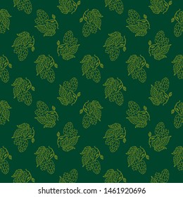 Seamless botanical pattern of hand drawn sketchy line art vector illustration of hops ornament on dark green background. Elegant minimalist luxury style wallpaper tapestry fabric textile print design