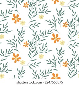 Patrón botánico sin foco con flores dibujadas a mano y hojas sobre blanco. Textura floral abstracta. Papel de ajuste