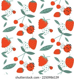 Seamless botanical pattern with hand drawn raspberries and strawberries, cherries and ladybugs. Abstract floral texture. Wrapping
