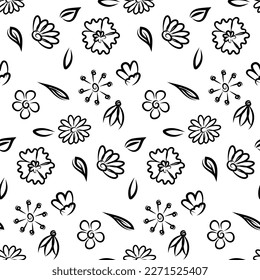 Seamless botanical pattern with hand drawn flowers and leaves on white. Abstract floral texture. Wrapping paper. Coloring