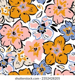 Seamless botanical pattern with hand drawn flowers, Floral outline style artistic summer texture for fabric, textile, apparel. Vector illustration