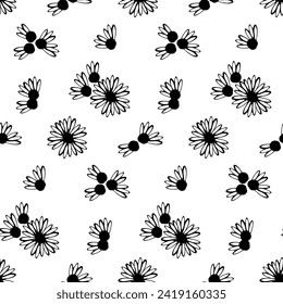 Seamless botanical pattern with hand drawn chamomile flowers on white. Wrapping paper with daisy. Coloring