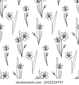 Seamless botanical pattern with hand drawn narcissus flower on white. Wrapping paper with daffodil. Coloring of jonquil