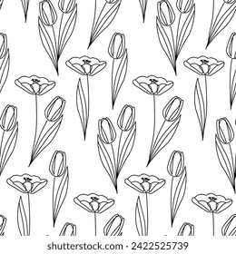 Seamless botanical pattern with hand drawn tulip flowers on white. Wrapping paper. Coloring