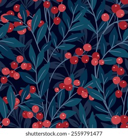 Seamless botanical pattern with hand drawn winter plants. Elegant floral design with small red wild rowan berries, large blue leaves, branches on dark background. Vector illustration.