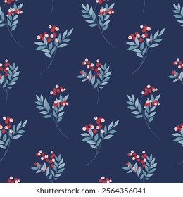 Seamless botanical pattern with hand drawn winter plants on blue background. Elegant floral design of large branches with small wild berries, rowan twigs in repeat composition. Vector illustration.