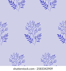 Seamless botanical pattern with hand drawn blue branches and leaves on a soft pastel background. Elegant and minimalistic floral design, perfect for textiles, wallpapers, and stationery