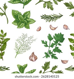 Seamless botanical pattern with hand drawn and colored herbs, garlic cloves, dill, parsley, mint and rosemary in vintage engraving style. Perfect for packaging, culinary blogs, textiles
