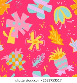 Patrón botánico sin fisuras con flores dibujadas a mano, hojas. Fondo floral brillante. Textura de Vector