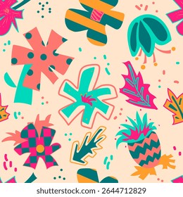 Seamless botanical pattern with hand drawn flowers, leaves. Bright floral background. Vector texture