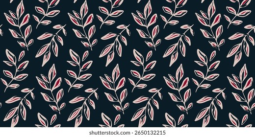 Patrón botánico sin fisuras con hojas de estilo de boceto dibujadas a mano en colores oscuros. Diseño botánico artístico, patrón gráfico de dibujo de follaje sobre fondo negro. Ilustración vectorial.