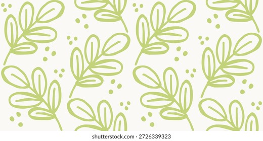 Seamless botanical pattern with hand drawn fern leaves arranged on a white background for fabric, wallpaper, and surface design.