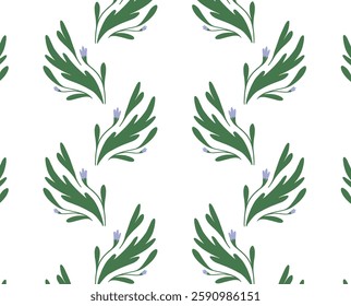 Seamless botanical pattern with hand-drawn Green Branches and small Flowers. Elegant floral texture for fabric, wallpaper, wrapping. Minimal flat vector illustration.
